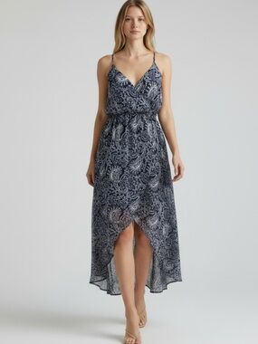 Smart Set Blue Maxi Dress Wrap Front Sheer Flowy Hi Low Asymmetric Paisley XS